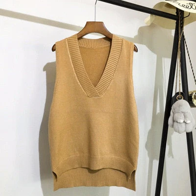 Autumn Women's Sweater Vest V-neck Sleeveless Irregular Casual Loose Knitted Pullover Tops Female Outerwear - Deanwangkt