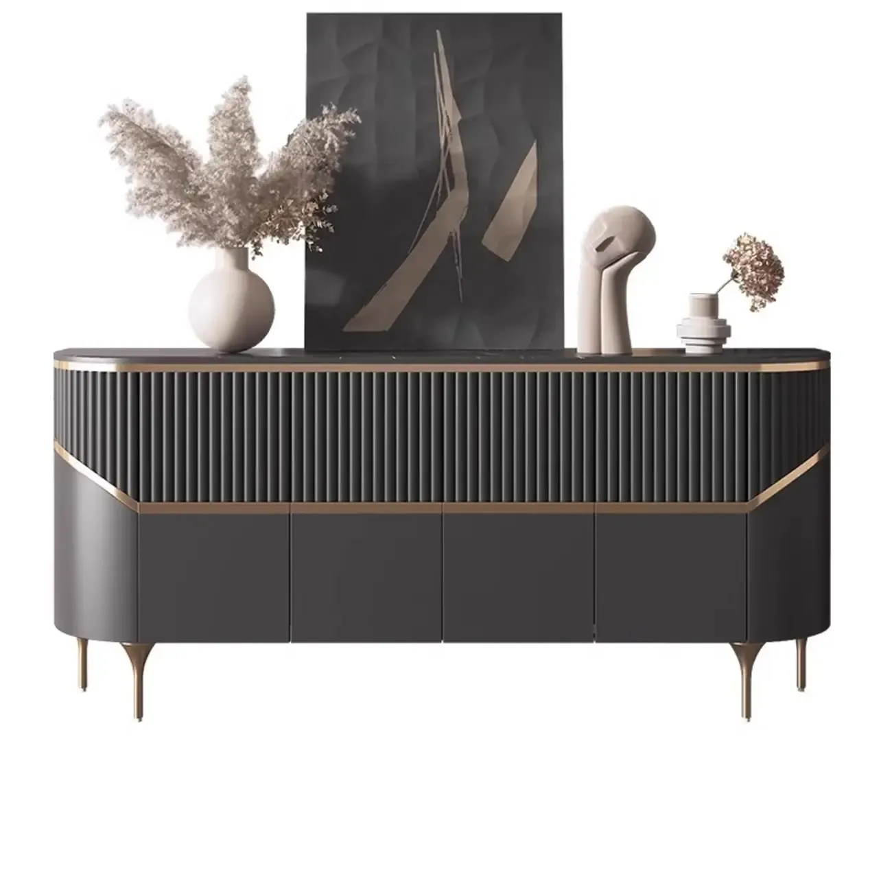 Modern White/Black Buffet Table with Cabinets