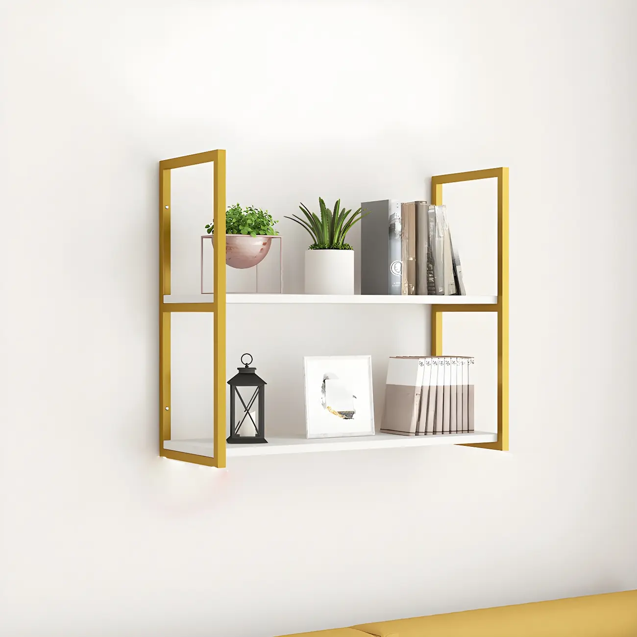 Modern Wall-Mounted Bookcase White Gold Display Shelf