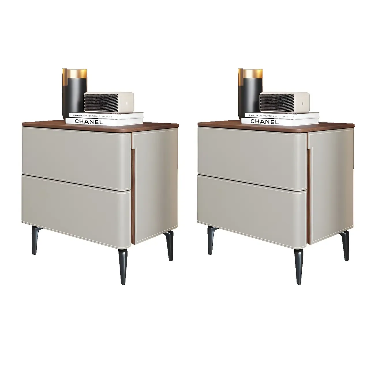 Modern Faux Leather Wood Top Drawers Nightstand