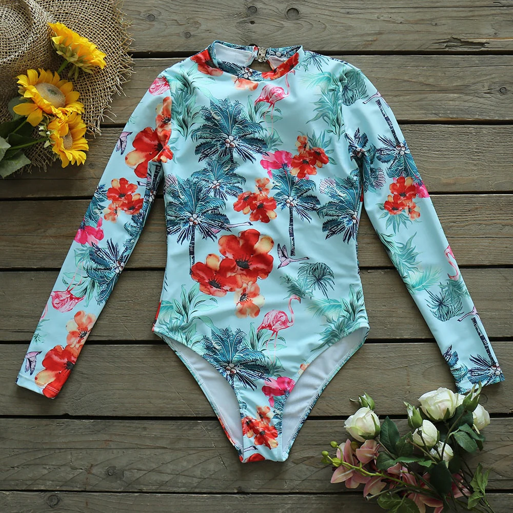 Long Sleeve Print Floral New One Piece Swimsuit Swimwear Women Bathing Suit Backless Swimsuit Vintage Surfing Swim Suit - Deanwangkt