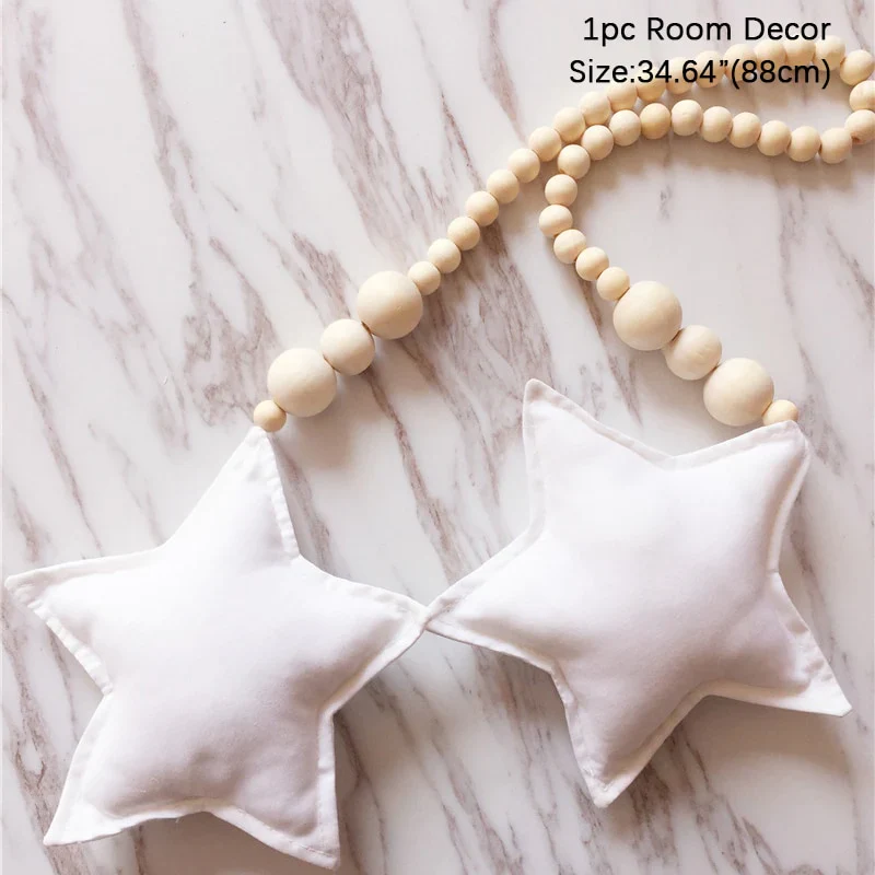 HULIANFU Nordic Boho Room Decor Double Star Moon Wooden Beads Cotton Hanging Wall Decoration Kawaii Kids Baby Bedroom Living Room Decor - Deanwangkt