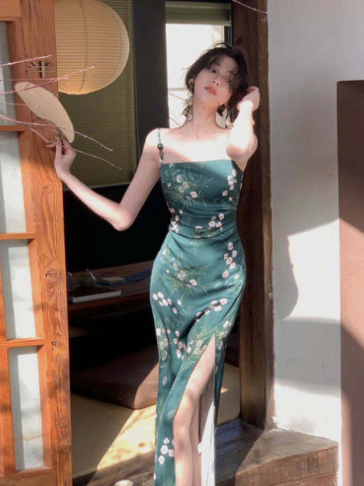 Hulianfu Women Slash Neck Sexy Strapless Retro Green Printing Elegant Temperament Fitting Suspender Slit Bodycon Long Midi Dress Summer - Deanwangkt