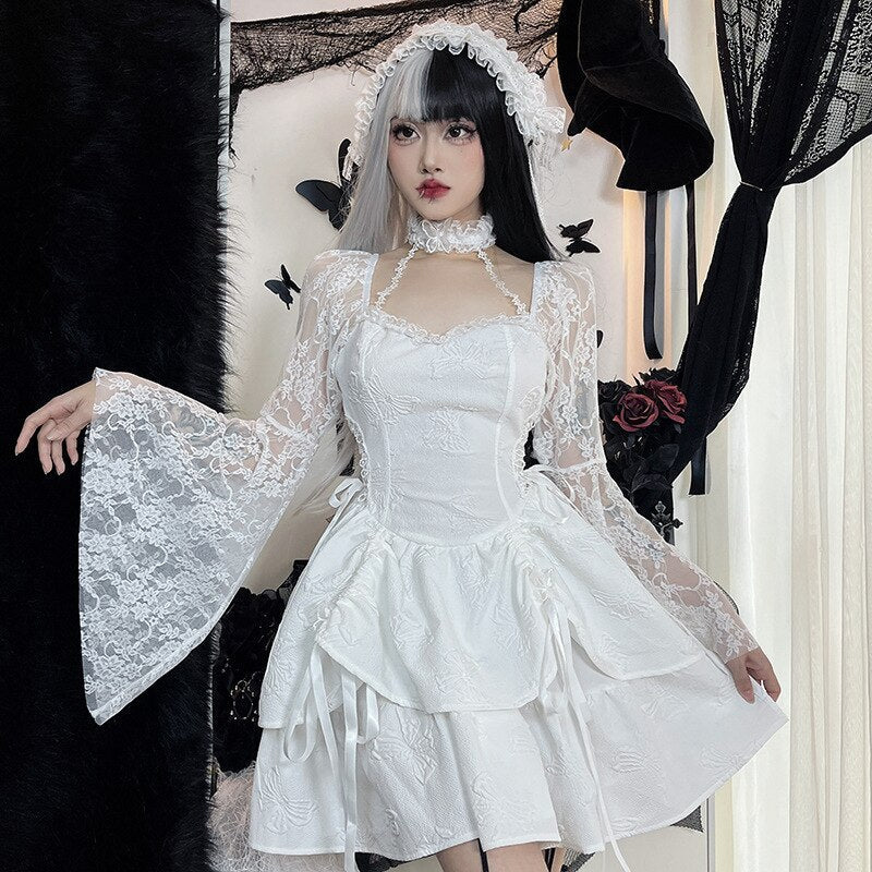 Halter Halloween Cosplay Costumes Gothic Lolita Party Dress White Black Flare Sleeve Fairy Princess Ruffle Cake Kawaii Dresses - Deanwangkt