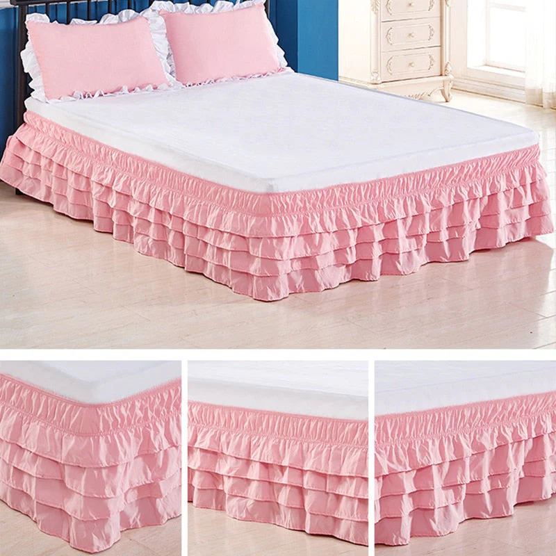 HULIANFU  4 Layers Ruffled Bed Skirt Wrap Around Elastic Bed Skirt Bed Cover Without Surface Home Hotel Bed Skirt Twin /Full/ Queen/ King - Deanwangkt