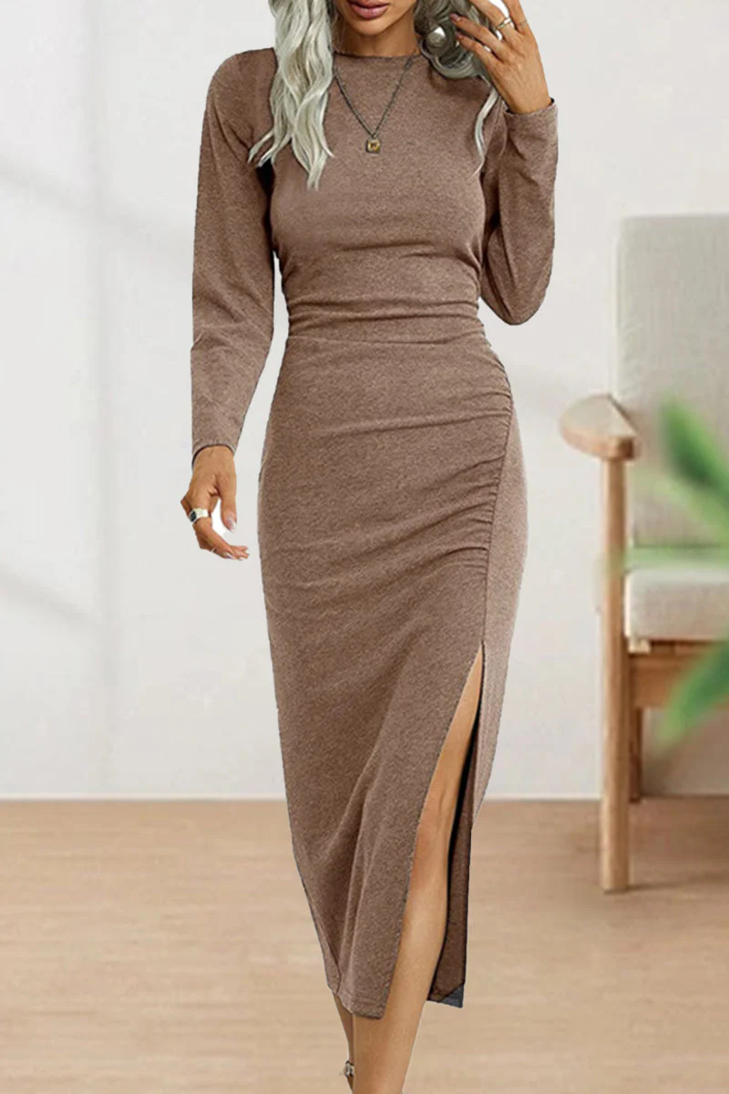 hulianfu Sweet Elegant Solid Fold O Neck Sheath Dresses(6 Colors) - Deanwangkt