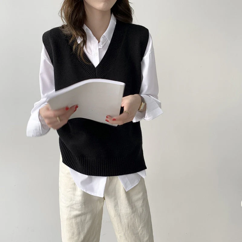 Autumn Women's Sweater Vest V-neck Sleeveless Irregular Casual Loose Knitted Pullover Tops Female Outerwear - Deanwangkt