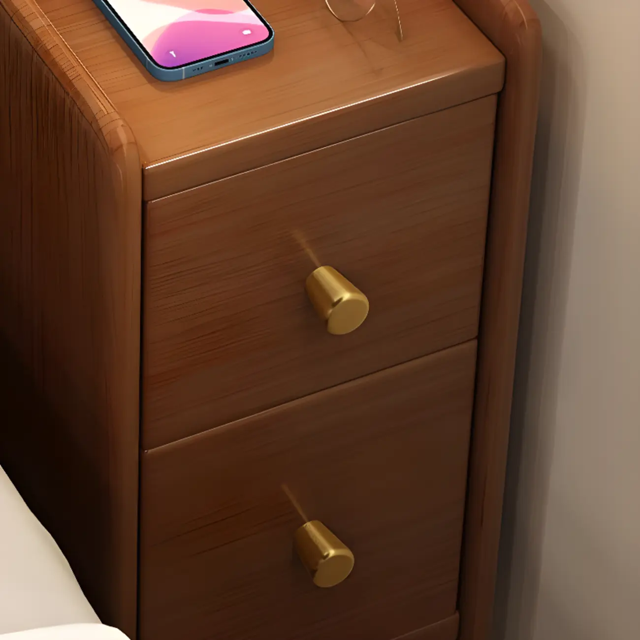 Narrow Wood 2 Drawers Nightstand in Natural Finish