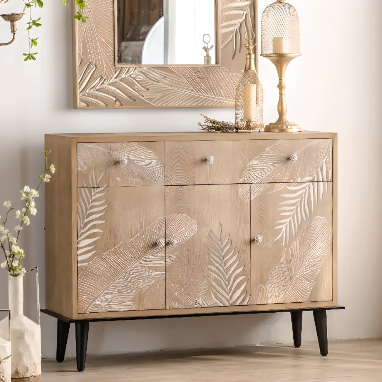 French Country Wooden Parlor Cabinet with Leaf Patterns