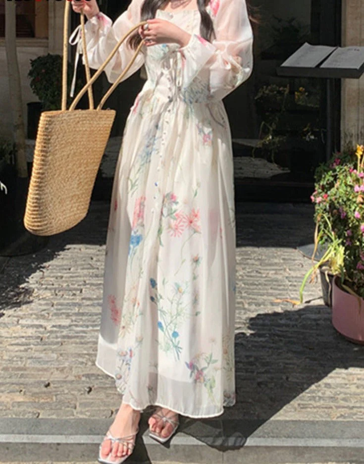 Hulianfu Print Midi Dresses for Women 2026  Fairycore Square Collar Long Sleeve Vintage Dress New Fashion Elegant Party Dresses - Deanwangkt