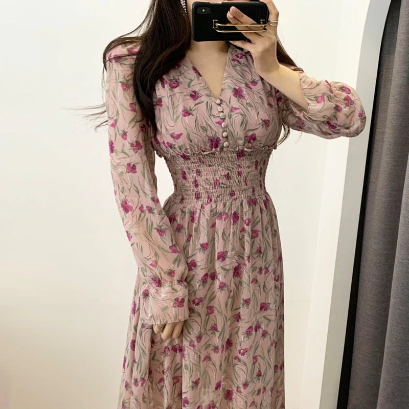 Hulianfu New Flower Dress Women Floral Chiffon Clothes Maxi Dresses Beach Elegant Autumn Pink Korean Long Sleeve V Neck Vestidos De Mujer - Deanwangkt