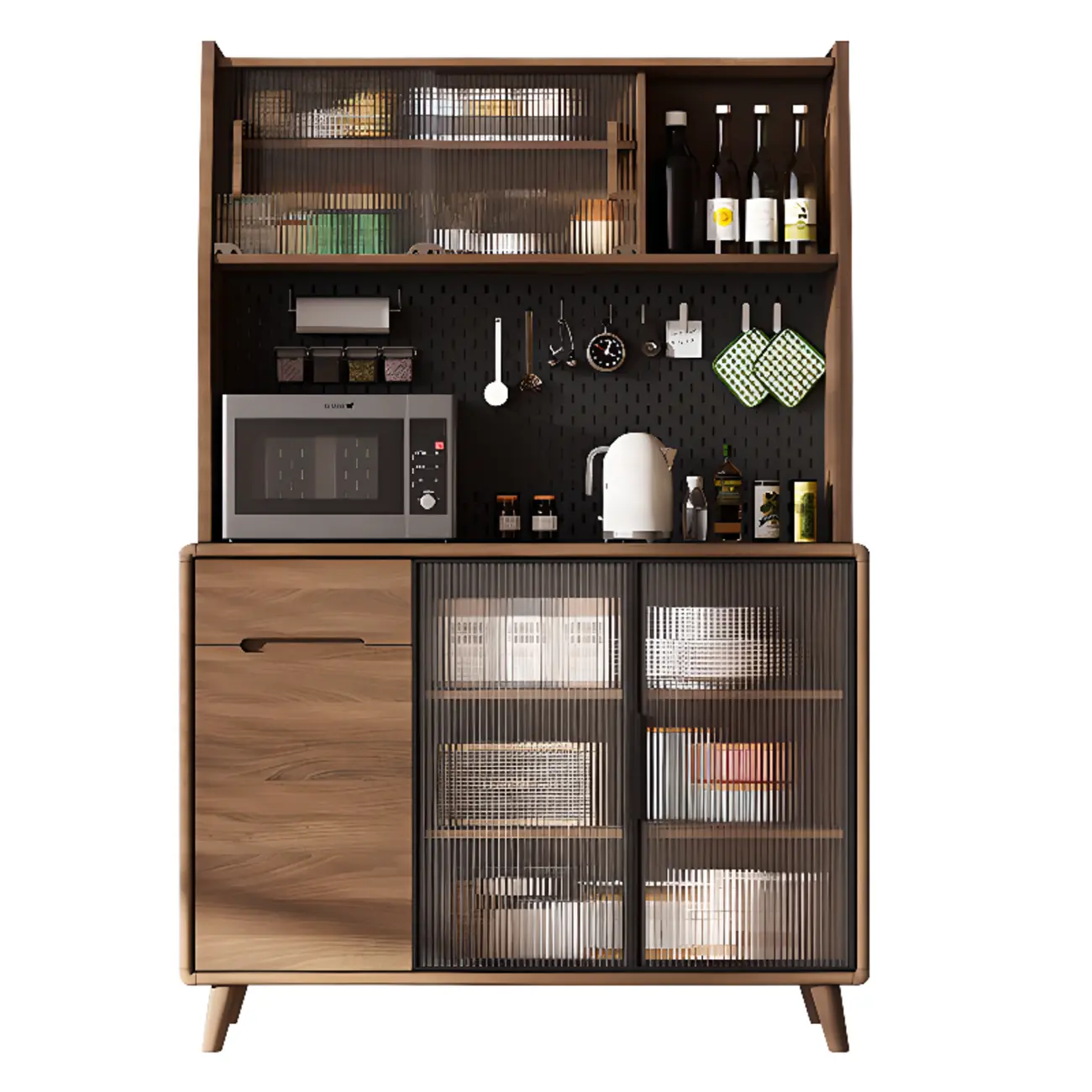 Kitchen Brown Wooden Hutch Top Sideboards with Pegboard Back