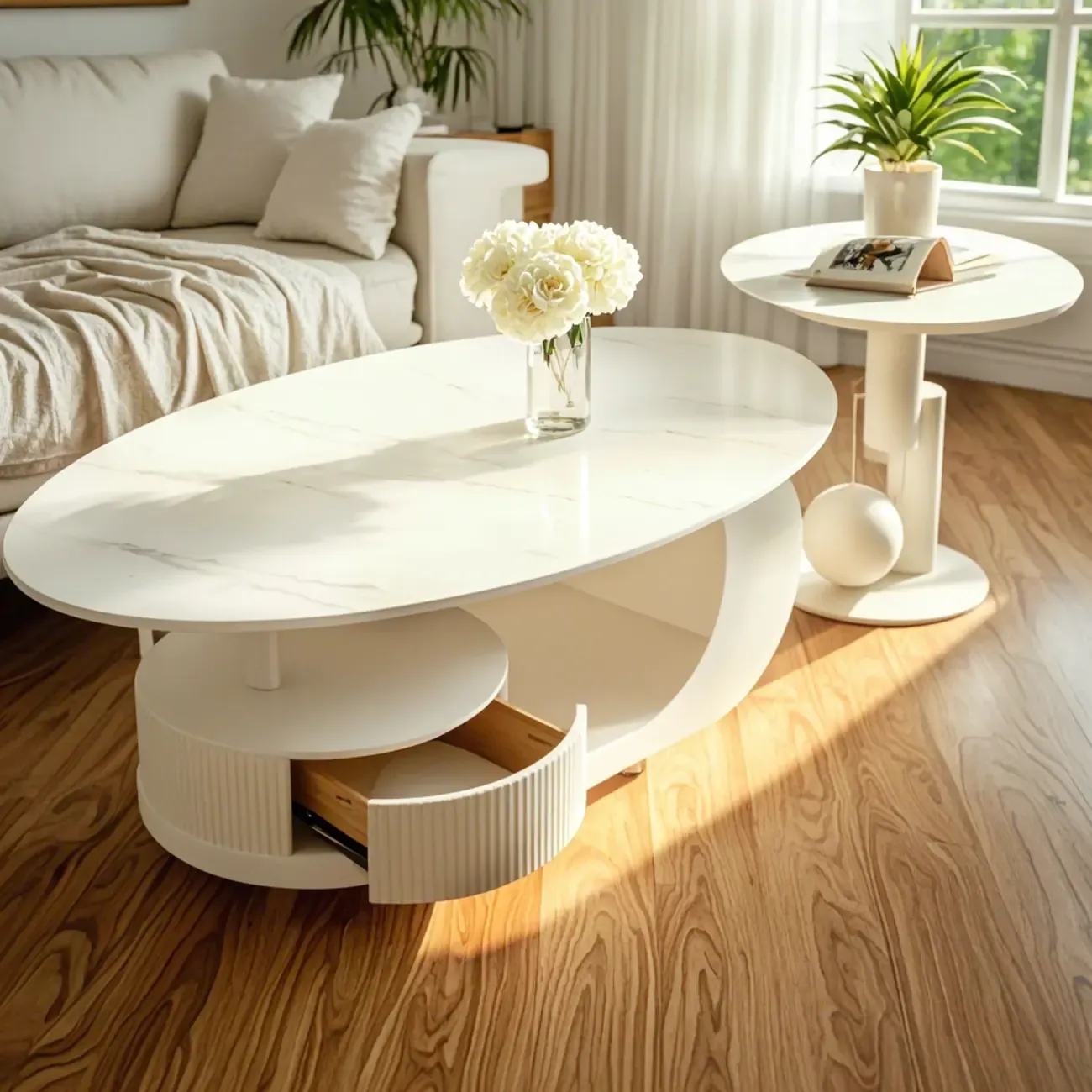 Modern White Stone Top Coffee Table with Scratch Resistant
