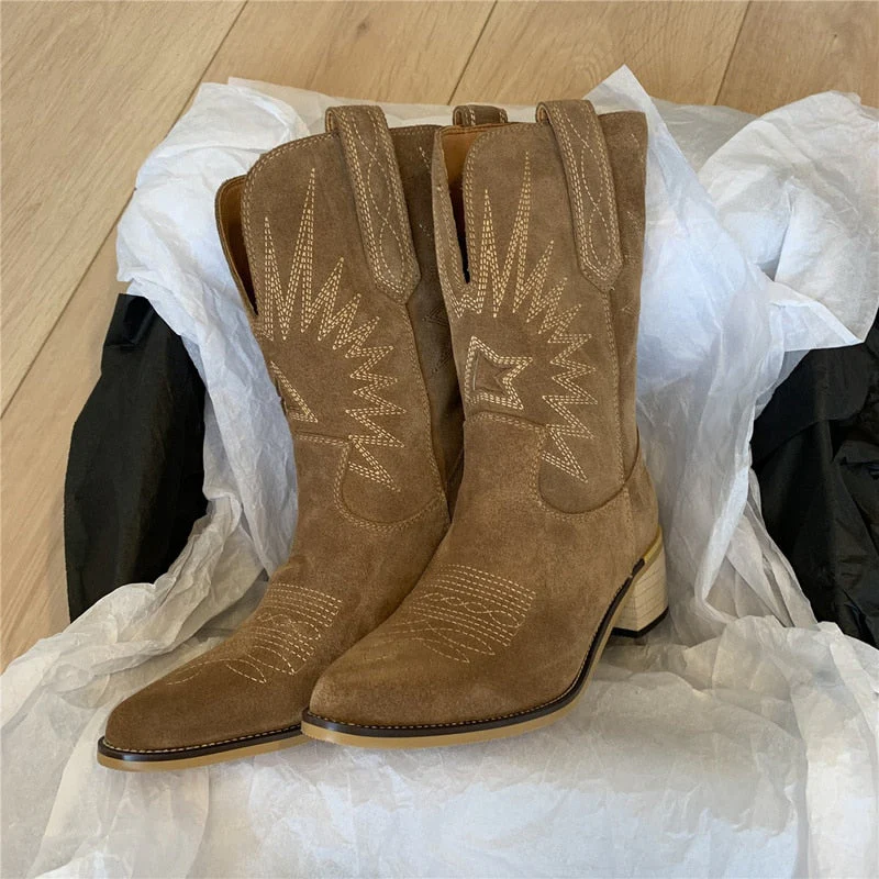 Natural Embroidered Women Boots Leather Handmade Pointed Toe Spike Heel Autumn Winter Boots Cowboy New Western Retro Botas - Deanwangkt