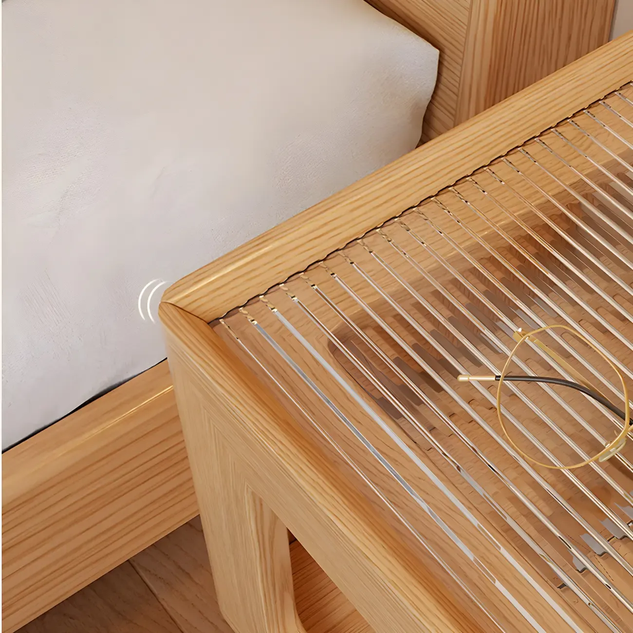 Narrow Wood and Glass Nut-Brown Shelves Nightstand with Light