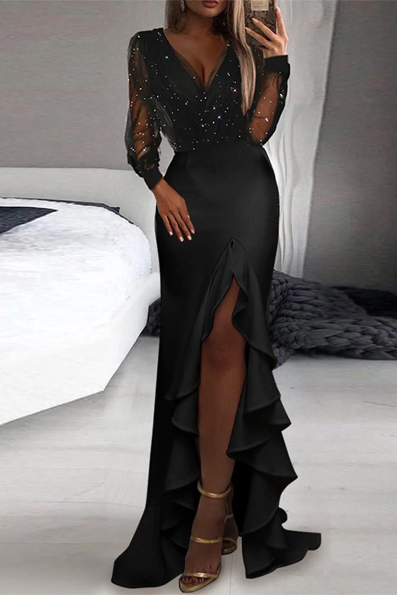 hulianfu Casual Elegant Patchwork Sequined V Neck Irregular Dress Dresses - Deanwangkt