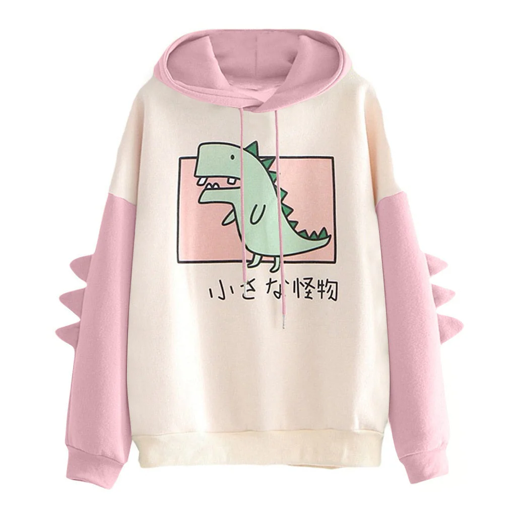 Winter dino hoodie Tops Dinosaur Oversized Cartoon Hoodie Women Fashion Sweatshirt Casual Print Korean Style Thicken Sweatshirt - Deanwangkt