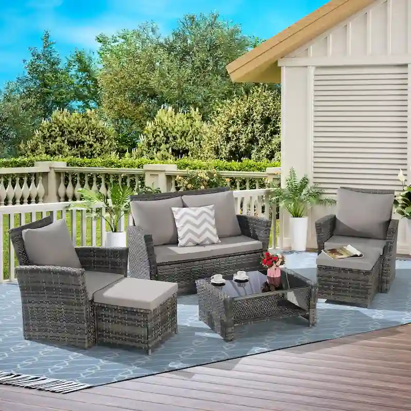 6 Piece Wicker Patio Furniture Sets with Tempered Glass Coffee Table & Ottoman