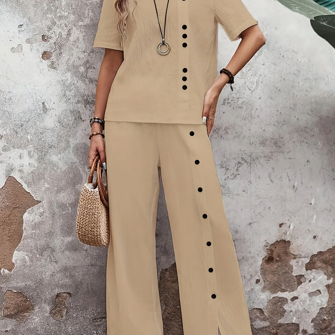 Two-Piece Elegant Crew Neck Short Sleeve Top and Split Wide Leg Pants Set - Soft Micro Elastic Polyester Fabric, Solid Color, and Classic Style for Spring/Summer - Womens Clothing Outfit - Deanwangkt