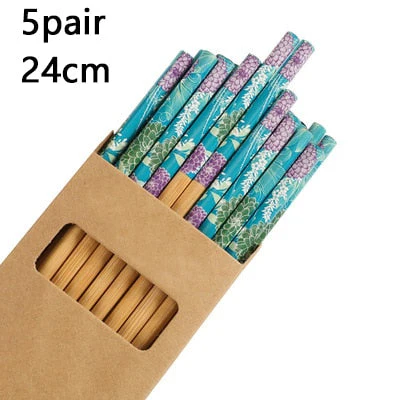 HULIANFU Reusable 5 Pair Set Handmade Bamboo Japanese Natural Wood Chopsticks Sushi Food Cat Flower Multi color Wooden Chop sticks - Deanwangkt