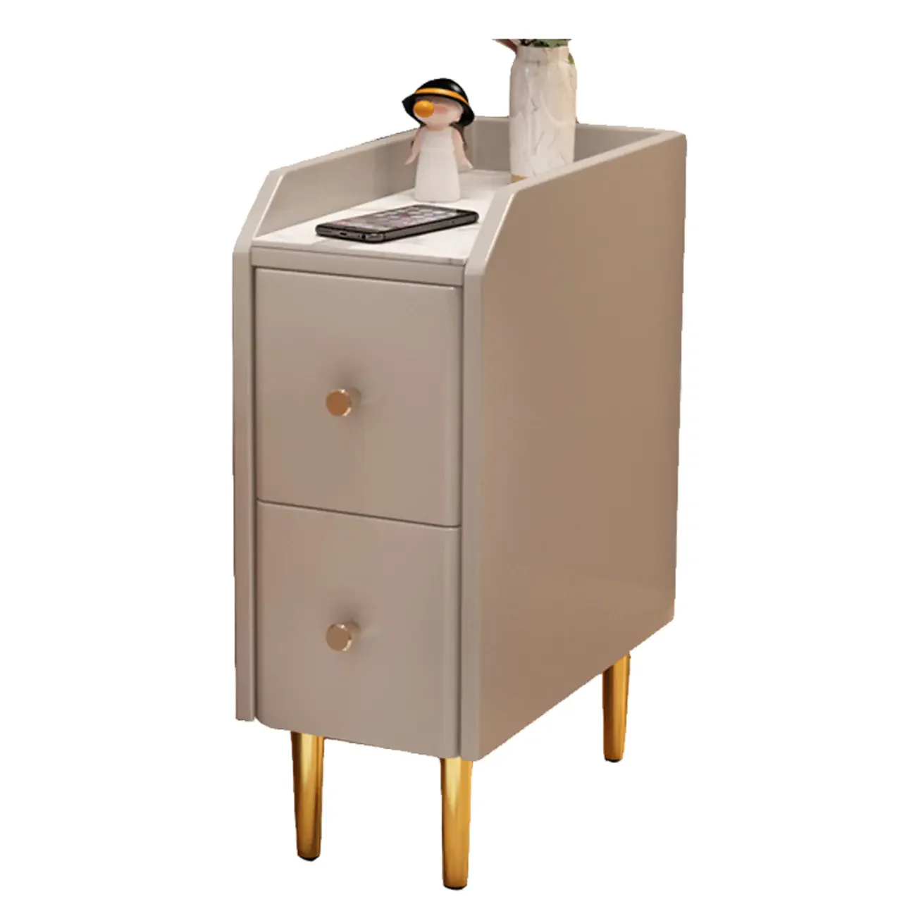 Narrow Faux Leather Drawer Nightstand with Stone Countertop