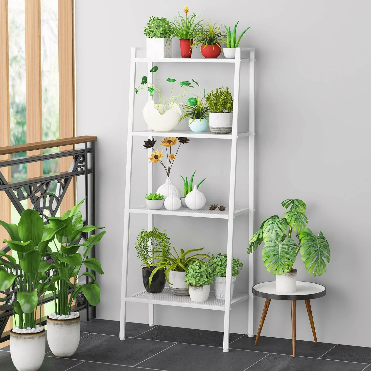 HULIANFU Ladder Shelf 4-Tier Bookshelf Plant Flower Stand Storage Rack Industrial Organizer Modern Shelves Shelving Bookcase Stable Metal - Deanwangkt