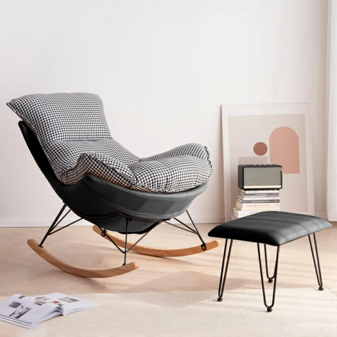 Mid Century Modern Upholstered Rocking Chair with Ottoman