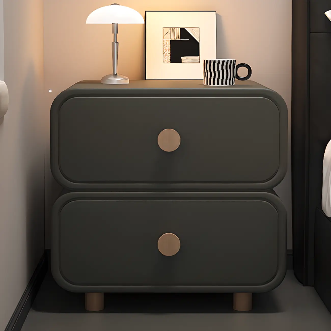 Solid Wood Leather-Top Black 2 Tiers Drawer Nightstand