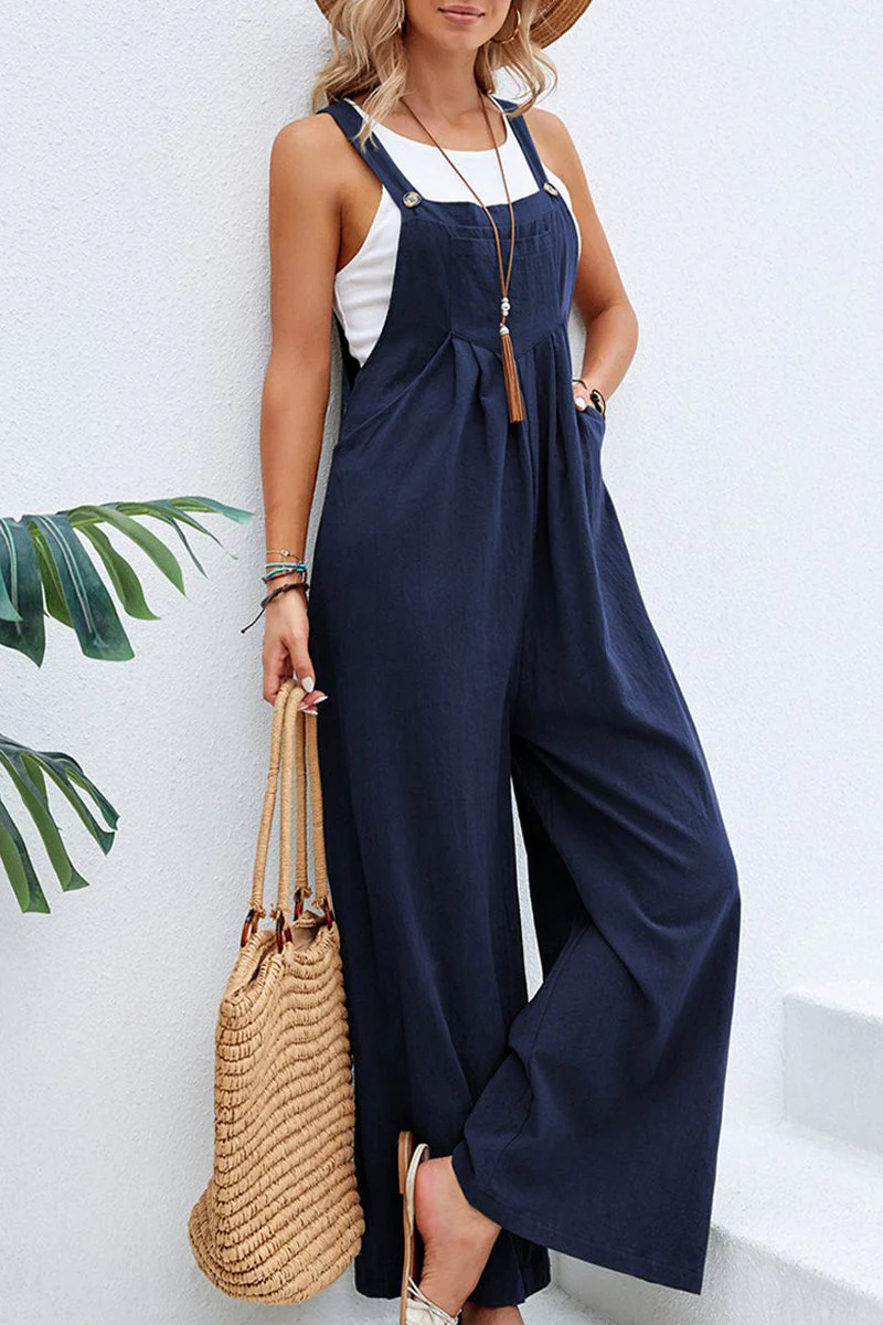 hulianfu Casual Vacation Solid Buttons Square Collar Loose Jumpsuits(10 Colors) - Deanwangkt