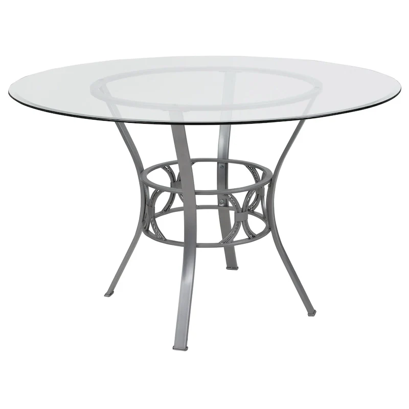 48 Round Glass Dining Table with Crescent Style Metal Frame - 48W x 48D x 29.5H - 48W x 48D x 29.5H