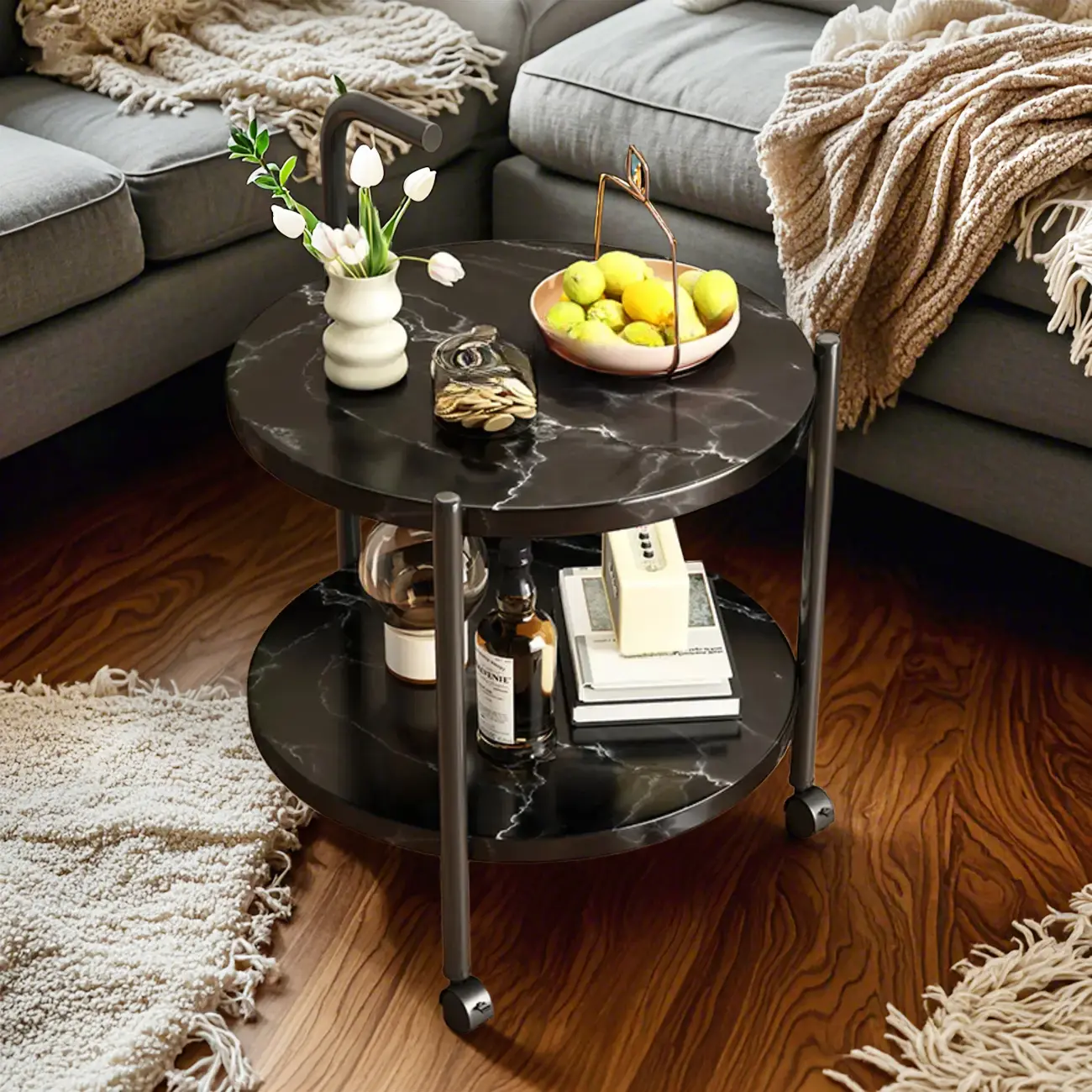 Modern 2-Tier Wood Round Coffee Table with Wheels, Tray