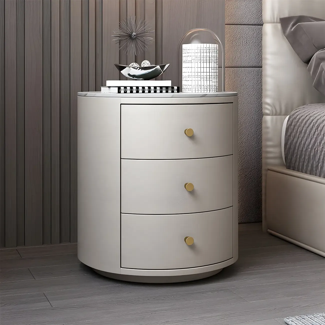 Modern Faux Leather Round Bedside Table with Two Drawers in Grey