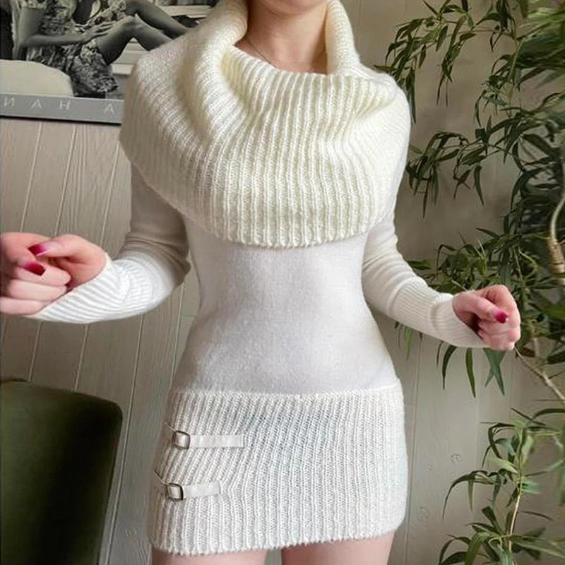 Hulianfu White Knitting Dress Y2k Autumn Winter Women Turtleneck Long Sleeve Sweaters Dresses Chic Fairycore Vintage Clothes - Deanwangkt