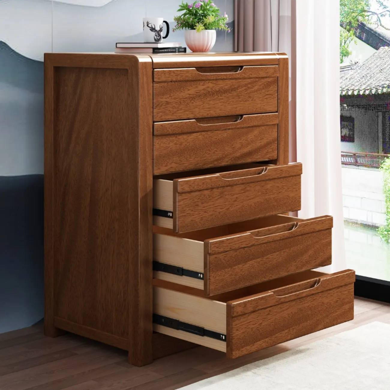 Freestanding Mid-Century Brown Solid Wood Cabinet with Drawers