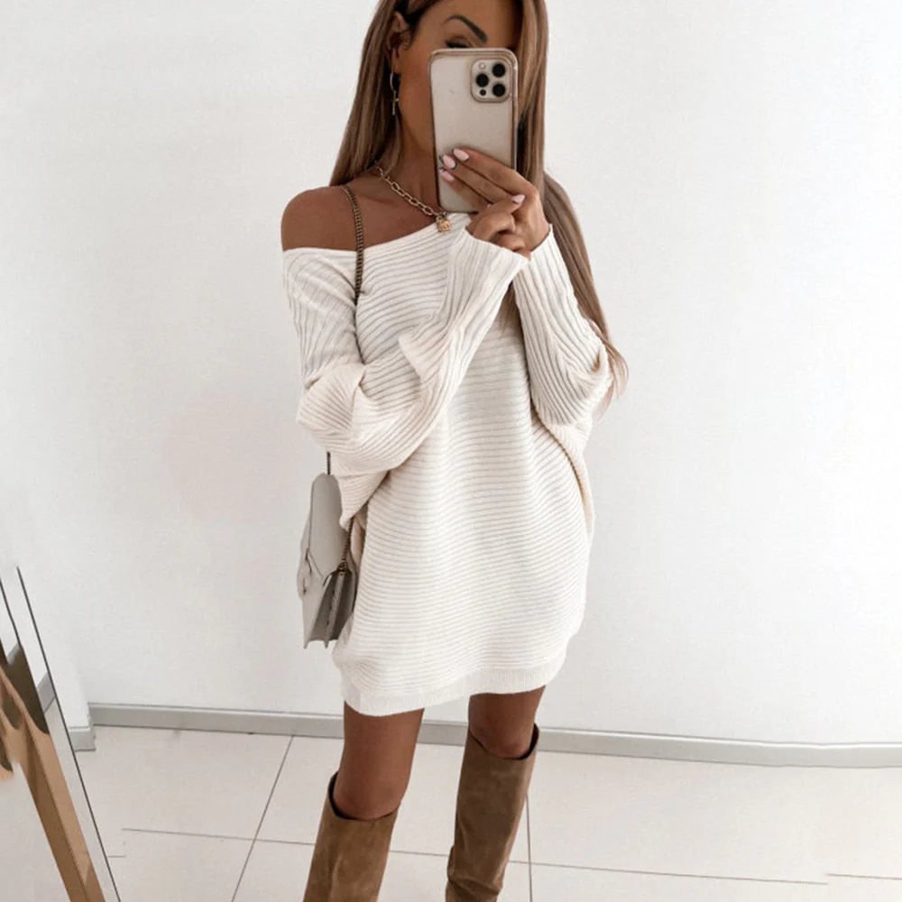 Hulianfu Sexy Off Shoulder Long Sleeve Sweater Dress Women 2022 Spring Loose Casual White Knitted Long Top Woman Mini Dresses Pull Femme - Deanwangkt