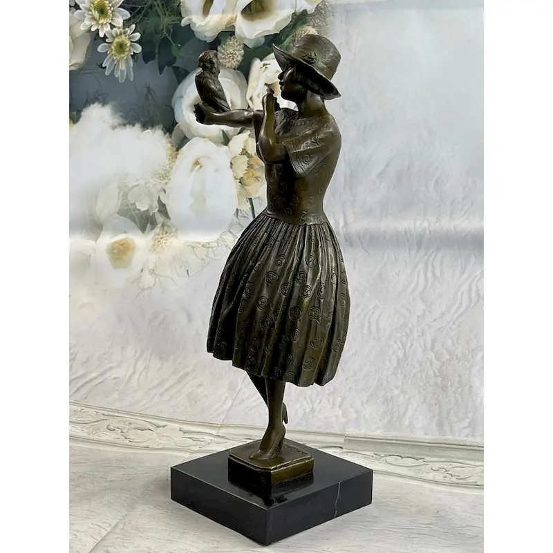 100 Percent Solid Bronze Sculpture Lady With Bird Signed Real Art Hot Cast Figurine Lrg