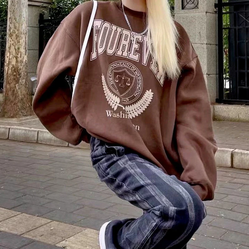 hulianfu Y2K Vintage Brown Sweatshirts Women Streetwear Egirl Aesthetic Letter Oversize Hoodies Harajuku Korean Style Female - Deanwangkt
