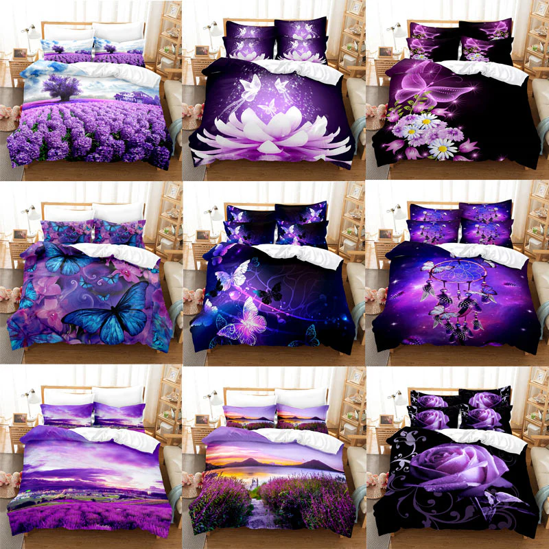 HULIANFU Purple Bedding Set Linens Duvet Cover Bed Quilt Pillow Case 3D Comforter Lavender Butterfly Double Full King Queen Twin Single - Deanwangkt