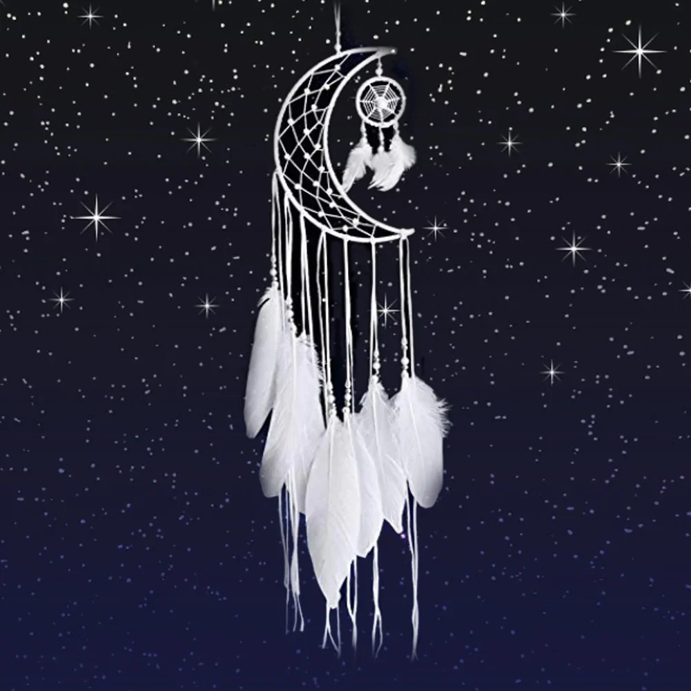 HULIANFU New Indian Style Dreamcatcher Moon Handmade Wind Chimes Wall Ornament Girls Room Decoration Feather Dream Catcher - Deanwangkt