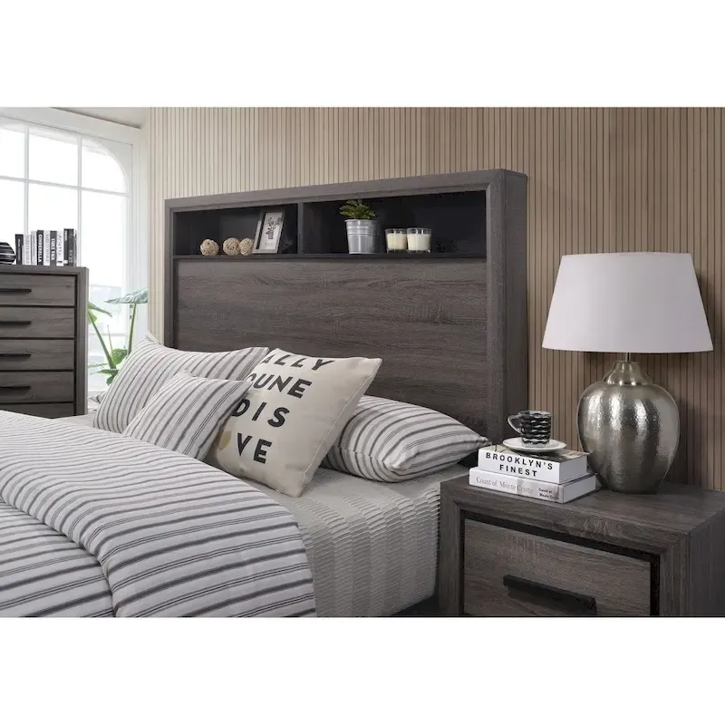 Rothwell Grey Wood Bed with Bookcase Headboard