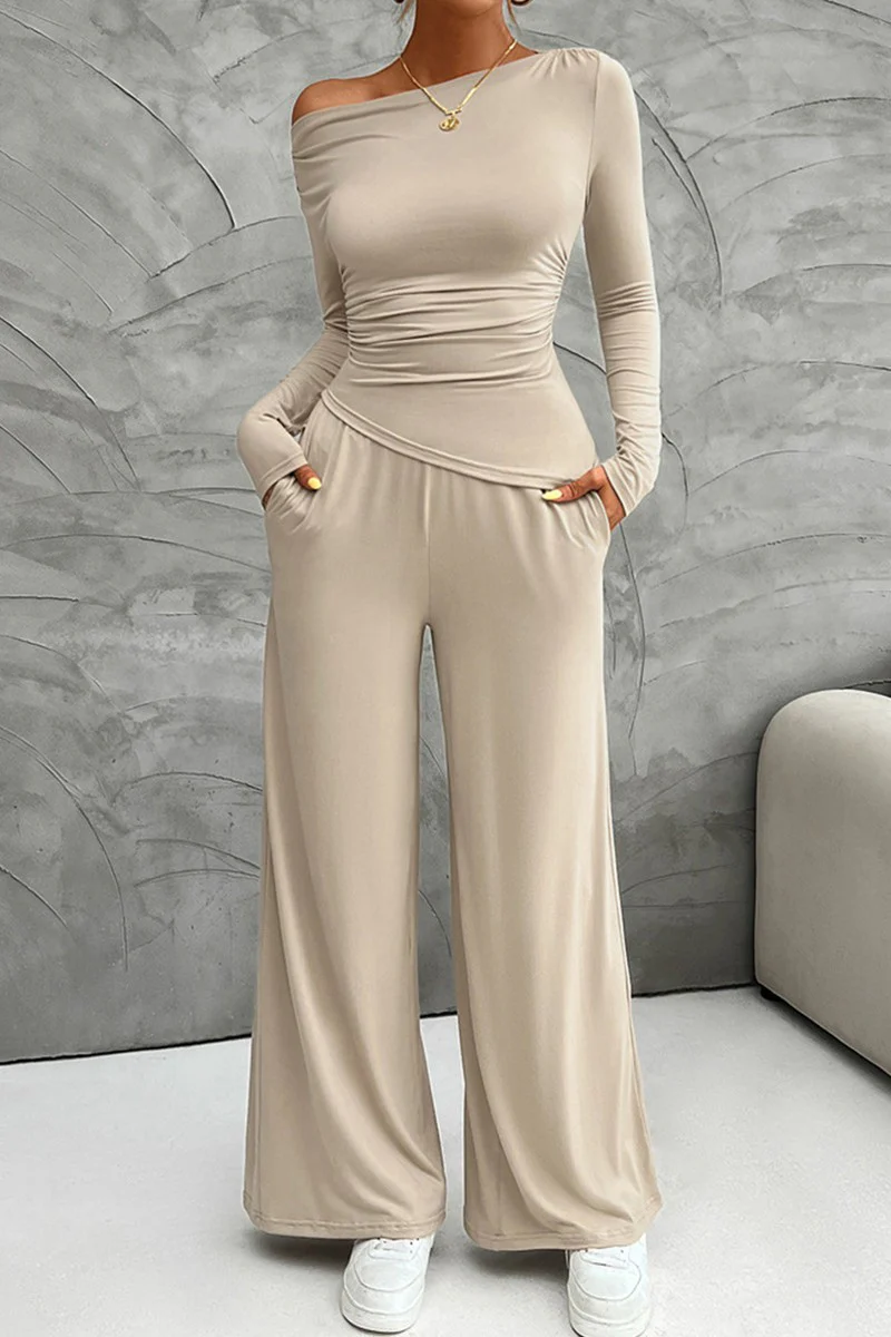Unique Plain Side Pocket Long Sleeve Two Piece Set