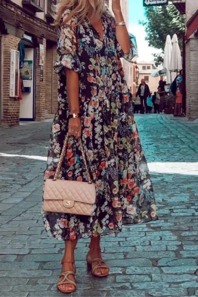 hulianfu Casual Print Patchwork V Neck Cake Skirt Dresses - Deanwangkt