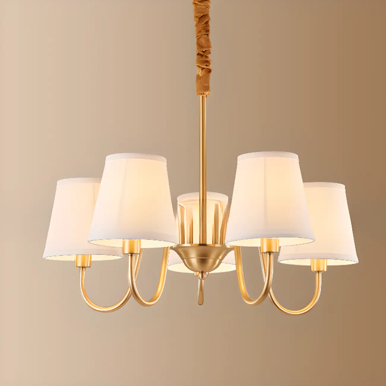 Modern Brass Hanging Chandelier with Fabric Shade