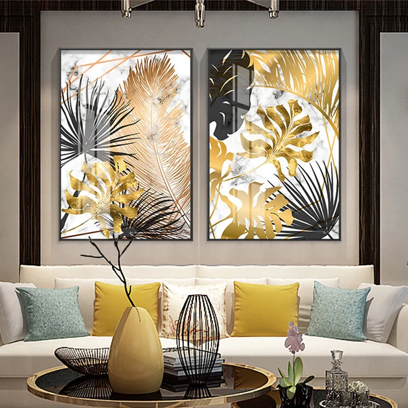 HULIANFU Nordic Golden Abstract Leaf Flower Wall Art Canvas Painting Modern Plant Poster Print Wall Picture Living Room Unique Decoration - Deanwangkt