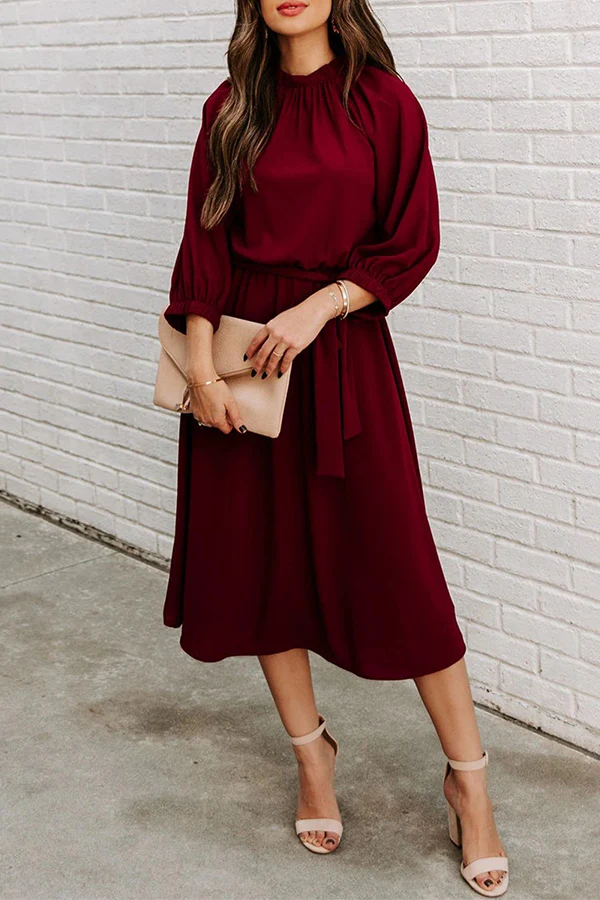 hulianfu Casual Solid Patchwork With Belt O Neck Waist Skirt Dresses - Deanwangkt