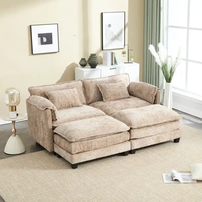 76.77 Chenille Upholstered Sofa with 2 Ottomans
