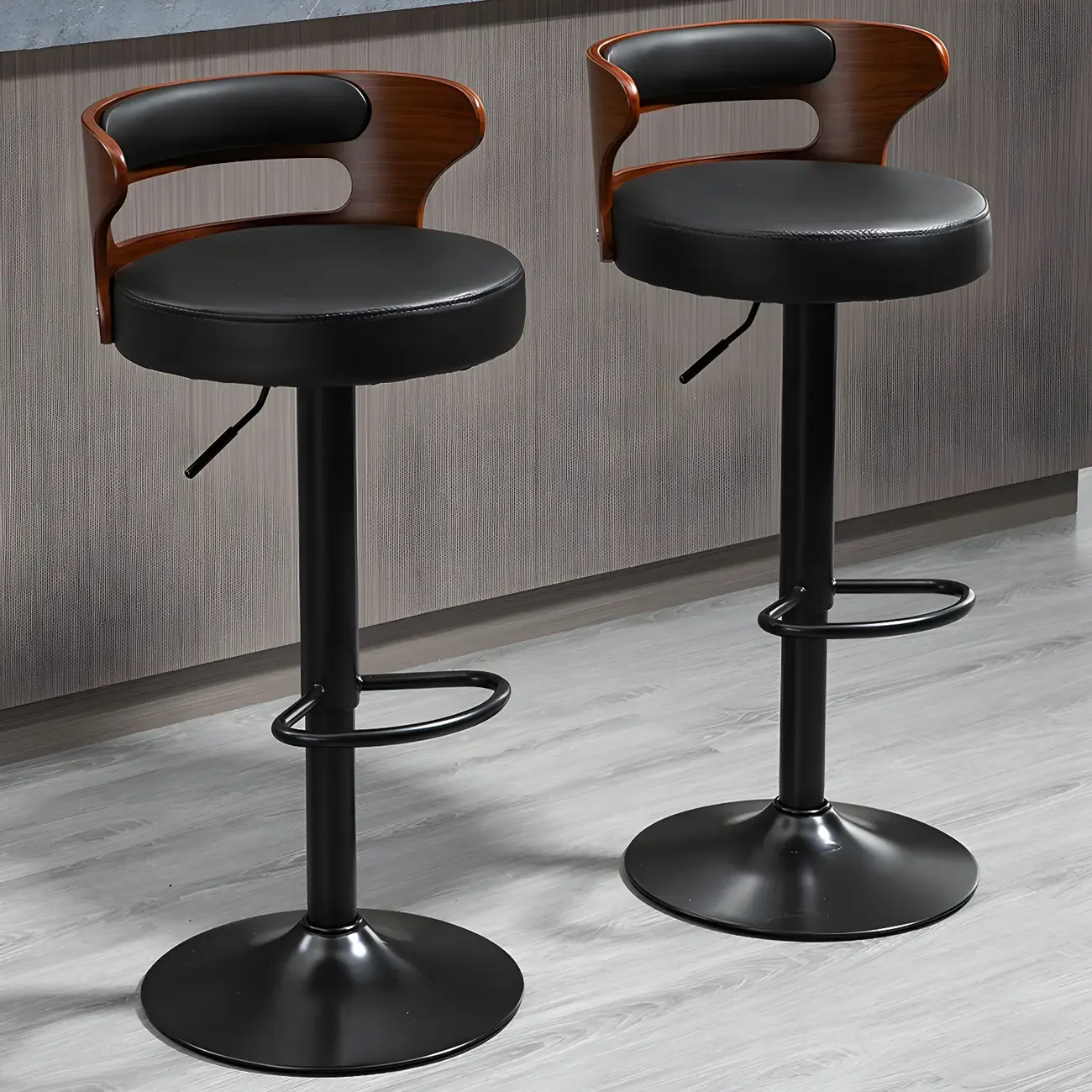 Adjustable Round Leather Swivel Bar Stools with Back