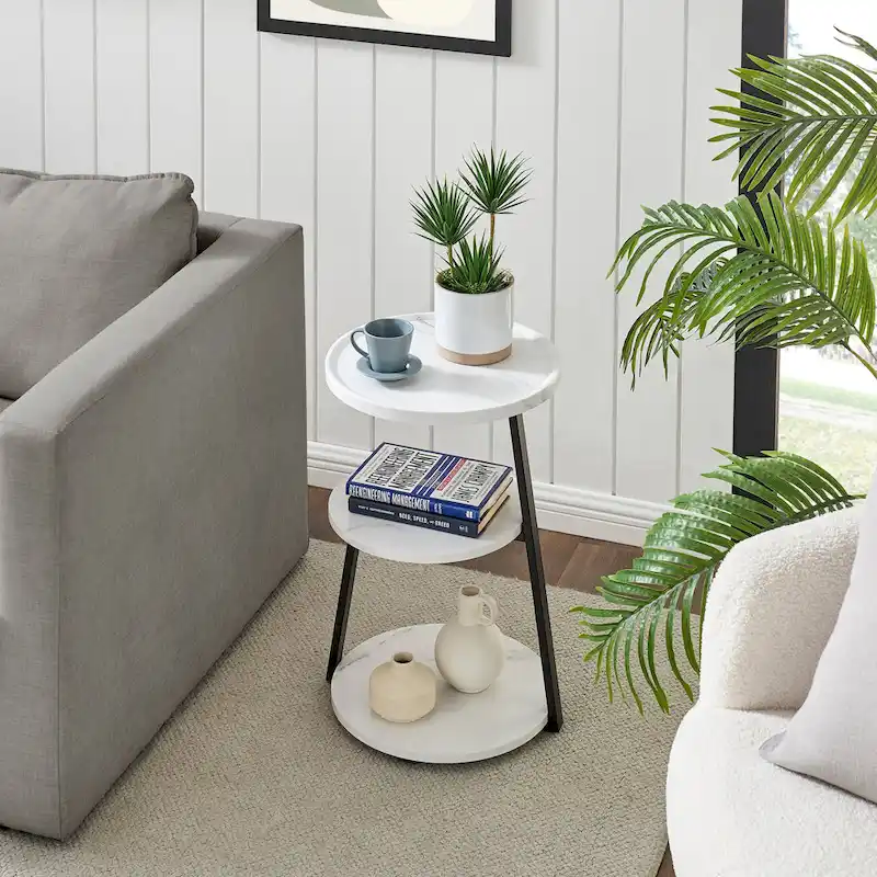 Skylar Round 3-Tier Side Accent Table with Raised Lip Edge Tabletop and Midcentury Modern Metal Asymmetric Pedestal Legs