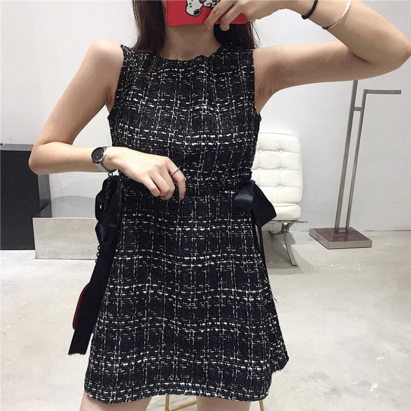 Hulianfu Vintage Summer Women Tweed Bandage Dresses for Women Party Sleeveless Bow O-Neck Plaid Elegant Casual Empire Bodycon Short Dress - Deanwangkt