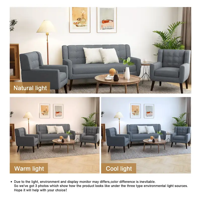 Modern Curved 63 Button Tufted Upholstered Loveseat with 2 Accent Chairs